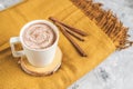 White Cup of Hot Chocolate, Yellow Plaid, Leaves, Gray Background, Autumn Concept