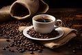 White cup of hot coffee on a saucer and accompanied by scattered whole coffee beans and burlap on rustic wooden table Royalty Free Stock Photo