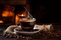 White cup of hot coffee on a saucer and accompanied by scattered whole coffee beans and burlap on rustic wooden table Royalty Free Stock Photo