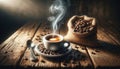 White cup of hot coffee on a saucer and accompanied by scattered whole coffee beans and burlap on rustic wooden table Royalty Free Stock Photo