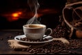 White cup of hot coffee on a saucer and accompanied by scattered whole coffee beans and burlap on rustic wooden table Royalty Free Stock Photo