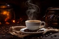 White cup of hot coffee on a saucer and accompanied by scattered whole coffee beans and burlap on rustic wooden table Royalty Free Stock Photo