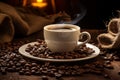 White cup of hot coffee on a saucer and accompanied by scattered whole coffee beans and burlap on rustic wooden table Royalty Free Stock Photo