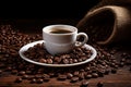 White cup of hot coffee on a saucer and accompanied by scattered whole coffee beans and burlap on rustic wooden table Royalty Free Stock Photo