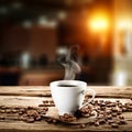 A white cup of hot coffee on wooden table with dark blurred background.