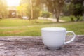 A white cup of hot espresso coffee mugs placed on a wooden floor with morning fog and moutains with sunlight background,coffee Royalty Free Stock Photo