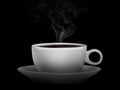 White cup with hot liquid and steam on black Royalty Free Stock Photo