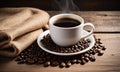 White Cup Of Hot Steamy Coffee On Old Weathered Table With Burlap Sack And Beans Royalty Free Stock Photo