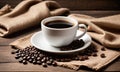 White Cup Of Hot Steamy Coffee On Old Weathered Table With Burlap Sack And Beans Royalty Free Stock Photo