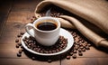 White Cup Of Hot Steamy Coffee On Old Weathered Table With Burlap Sack And Beans Royalty Free Stock Photo