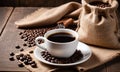 White Cup Of Hot Steamy Coffee On Old Weathered Table With Burlap Sack And Beans Royalty Free Stock Photo