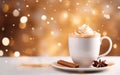 white cup of latte with cinnamon, star anise and whipped cream on a white plate, blurred sparkling gold background Royalty Free Stock Photo