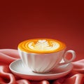 White cup with latte on a pink silk background Royalty Free Stock Photo