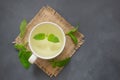 White cup of melissa herbal tea with fresh melissa leaf Royalty Free Stock Photo