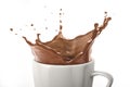 White cup with milk chocolate splash. On white background. close up view Royalty Free Stock Photo