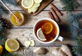 White cup of natural tea with ginger, lemon and honey. Healthy drink. Hot winter beverage concept. Royalty Free Stock Photo