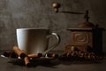 White cup and old coffee grinder Royalty Free Stock Photo