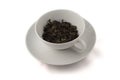 White cup with Oolong tea leafs