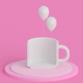 White cup on a pink minimalist background. ÃÂ¡offee and tea cup with clouds and balloons.