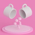 White cup on a pink minimalist background. ÃÂ¡offee and tea cup with clouds and balloons.