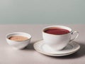 A white cup with a red liquid in it sits on a white plate Royalty Free Stock Photo