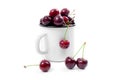 White cup with red sweet cherry isolated on a white background Royalty Free Stock Photo