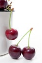 White cup with red sweet cherry on a white background. Royalty Free Stock Photo