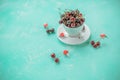 White cup with ripe berries of red sweet cherry and several berries in front of the cup. Composition on a green, emerald Royalty Free Stock Photo