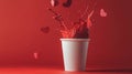 White cup splashes red liquid with heart-shaped decorations Royalty Free Stock Photo