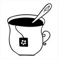 White cup with a spoon and a tea bag label with a flower. Isolated hand drawn vector illustration in black and white.