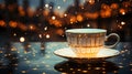 White cup standing on the table with beautiful golden abstract designs. Atmospheric nice warm background. Generative AI