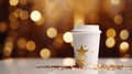 White cup standing on the table with beautiful golden abstract designs. Atmospheric nice warm background. Generative AI