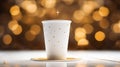 White cup standing on the table with beautiful golden abstract designs. Atmospheric nice warm background. Generative AI