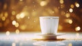 White cup standing on the table with beautiful golden abstract designs. Atmospheric nice warm background. Generative AI