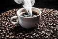 A white cup on a surface of coffee beans with steam rising and the silhouette of a person in the steam against