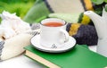 White cup of tea on books with green warm plaid, spring flowers on white table outdoor. Hot drink at breakfast in garden. Summer Royalty Free Stock Photo