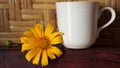 White cup of tea or coffee and little yellow sunflower on the wooden table and brown bamboo wall background. Still life concept. Royalty Free Stock Photo