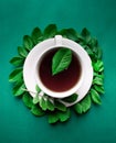 White cup of tea with green sprig and leafs on green background Royalty Free Stock Photo