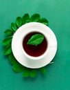 White cup of tea with green sprig and leafs on green background Royalty Free Stock Photo