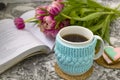 White cup of tea in a knitted blue case with an open book and with pink flowers tulips and sweets, with gingerbread on a Royalty Free Stock Photo