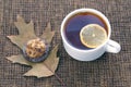 White cup of tea with lemon and biscuits. hot drinks Royalty Free Stock Photo