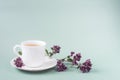 A white Cup of tea with a sprig of oregano stands on the table on a gray-green background, morning tea