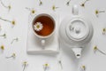 White cup with tea and white teapot on white background on a background of chamomile flowers Royalty Free Stock Photo