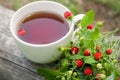 White Cup of tea and wild summer strawberries berries on the stem and green leaves on a wooden rustic background Royalty Free Stock Photo