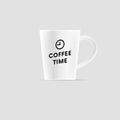White cup with text and icon. Coffee time mug. Vector illustration. Royalty Free Stock Photo
