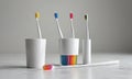 A white cup with a toothbrush in it and a toothbrush in a cup with a rainbow colored toothbrush.