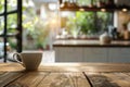 White cup on wooden table on blurred kitchen background Royalty Free Stock Photo