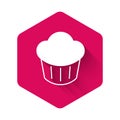 White Cupcake icon isolated with long shadow background. Pink hexagon button. Vector Royalty Free Stock Photo