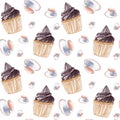 White cups and chocolate cupcakes seamless pattern Royalty Free Stock Photo