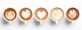 white cups of different coffee lattes or cappuccinos isolated on white background, top view Royalty Free Stock Photo